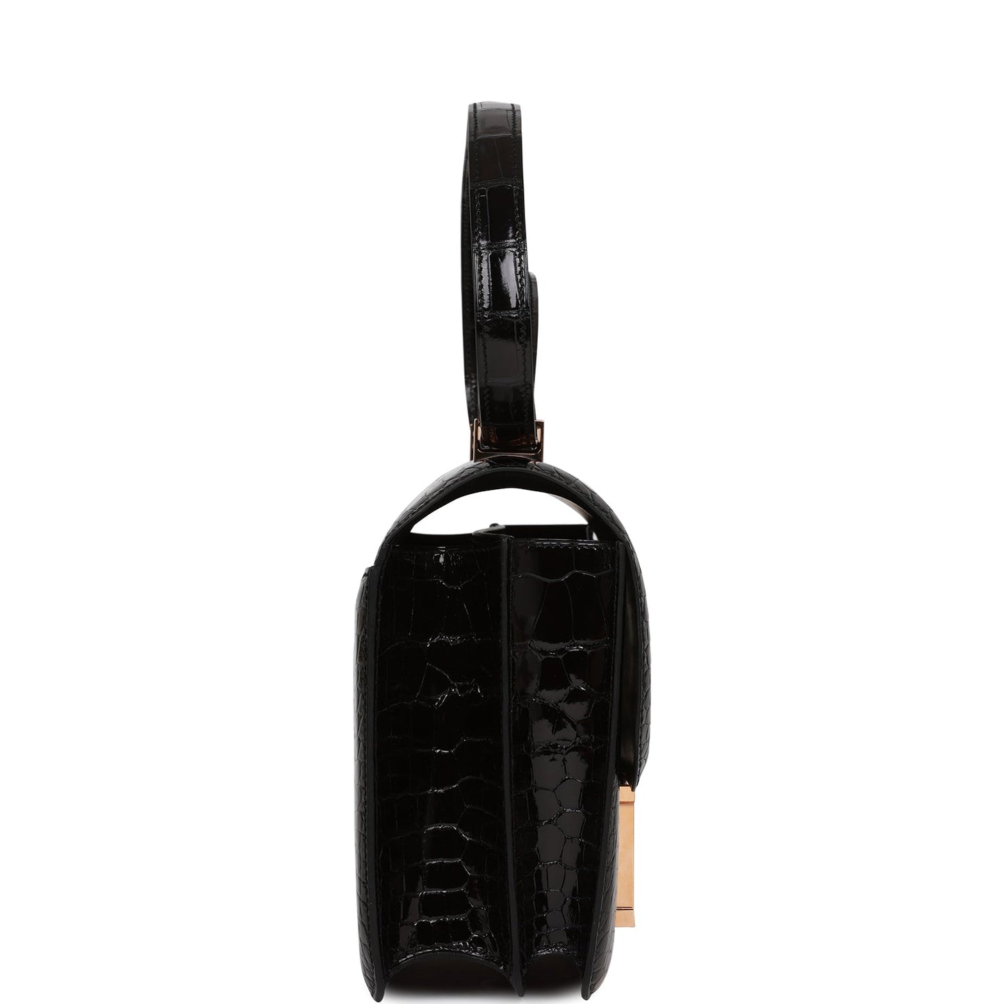 Luxury Hermes Constance 24 Black Shiny Alligator Rose Gold Hardware