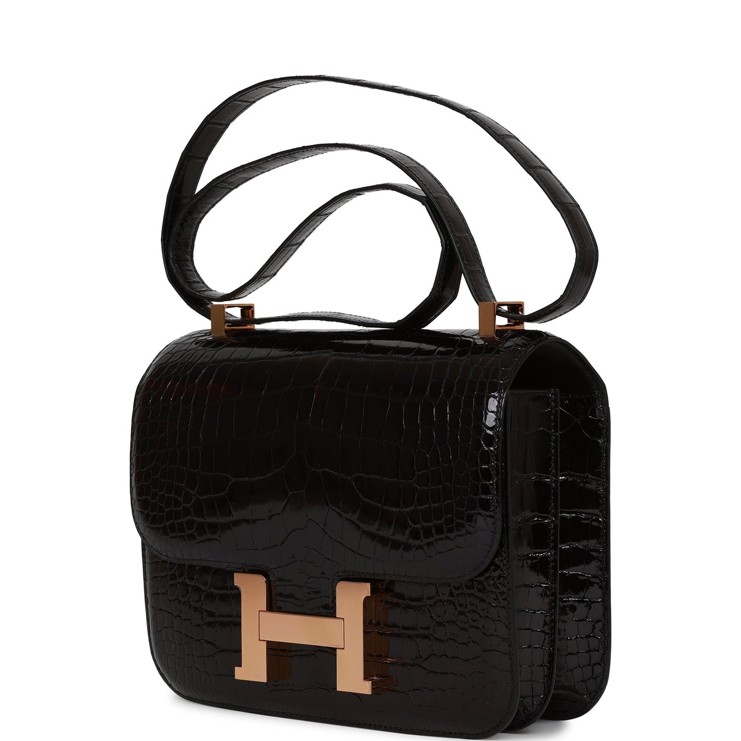 Luxury Hermes Constance 24 Black Shiny Alligator Rose Gold Hardware