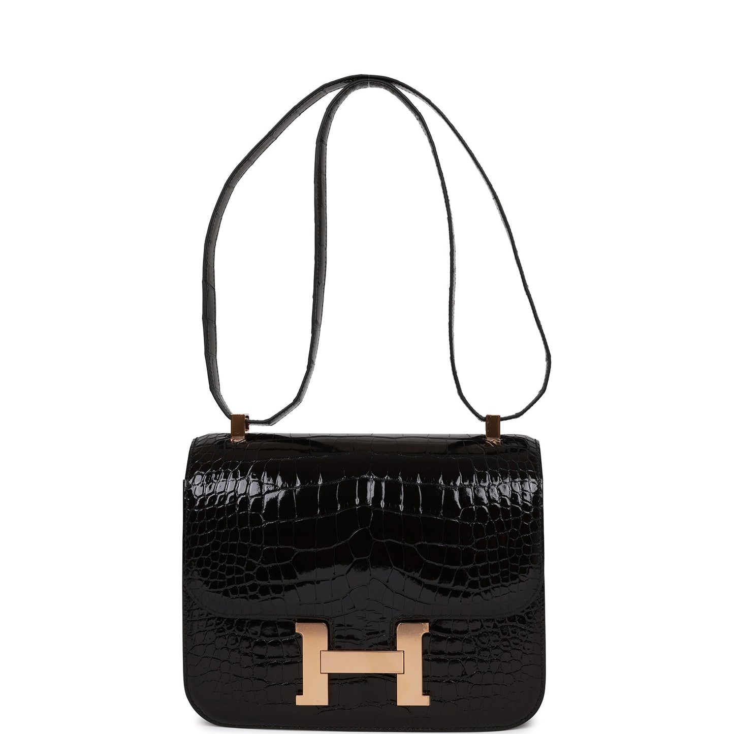 Luxury Hermes Constance 24 Black Shiny Alligator Rose Gold Hardware