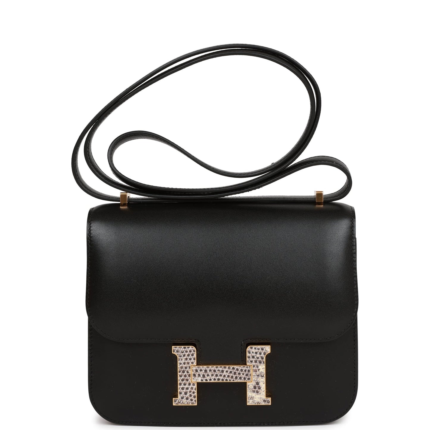 Luxury Hermes Constance 18 Black Tadelakt and Lizard Gold Hardware