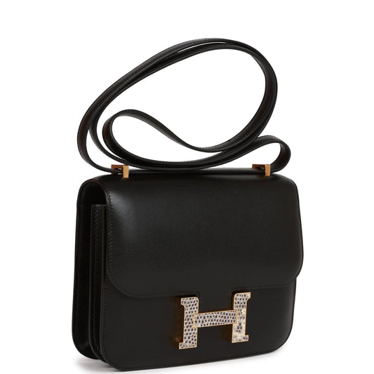 Luxury Hermes Constance 18 Black Tadelakt and Lizard Gold Hardware