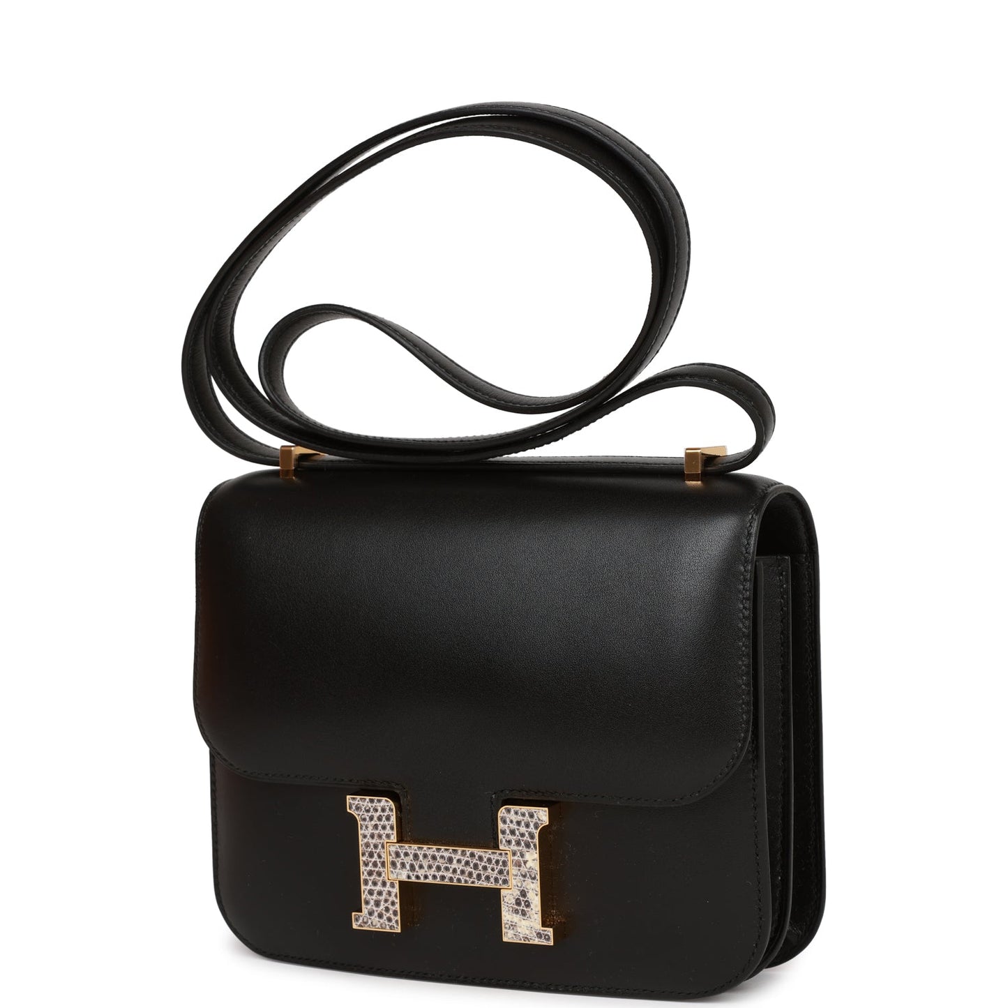 Luxury Hermes Constance 18 Black Tadelakt and Lizard Gold Hardware