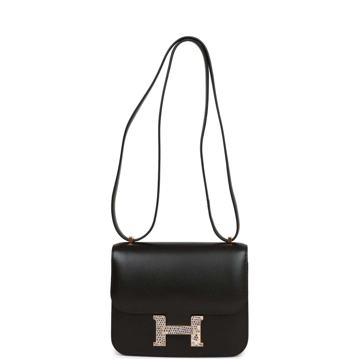 Luxury Hermes Constance 18 Black Tadelakt and Lizard Gold Hardware