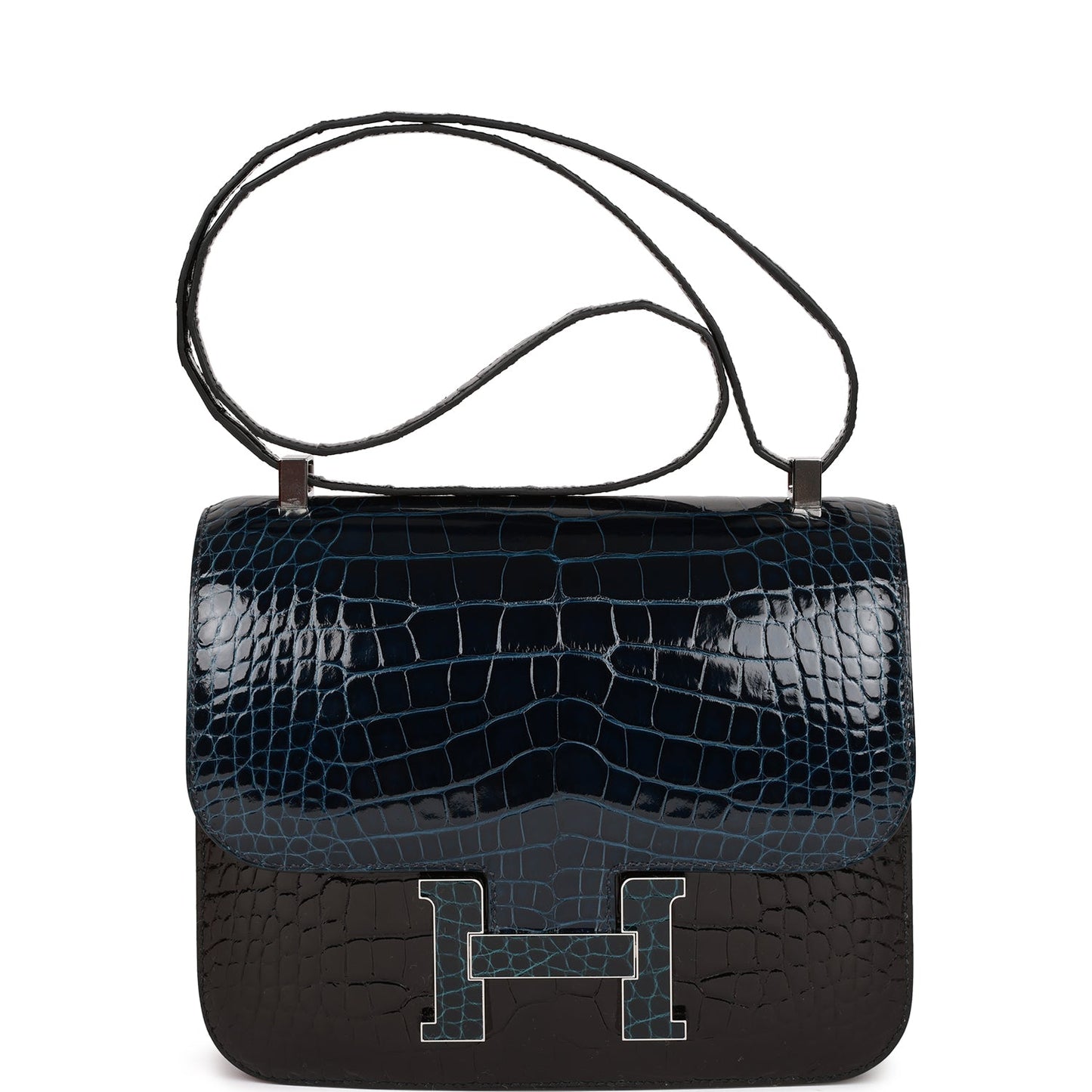 Luxury Hermes Constance 24 Tri-Color Black, Bleu Baltique and Vert Rousseau Shiny Alligator Palladium Hardware