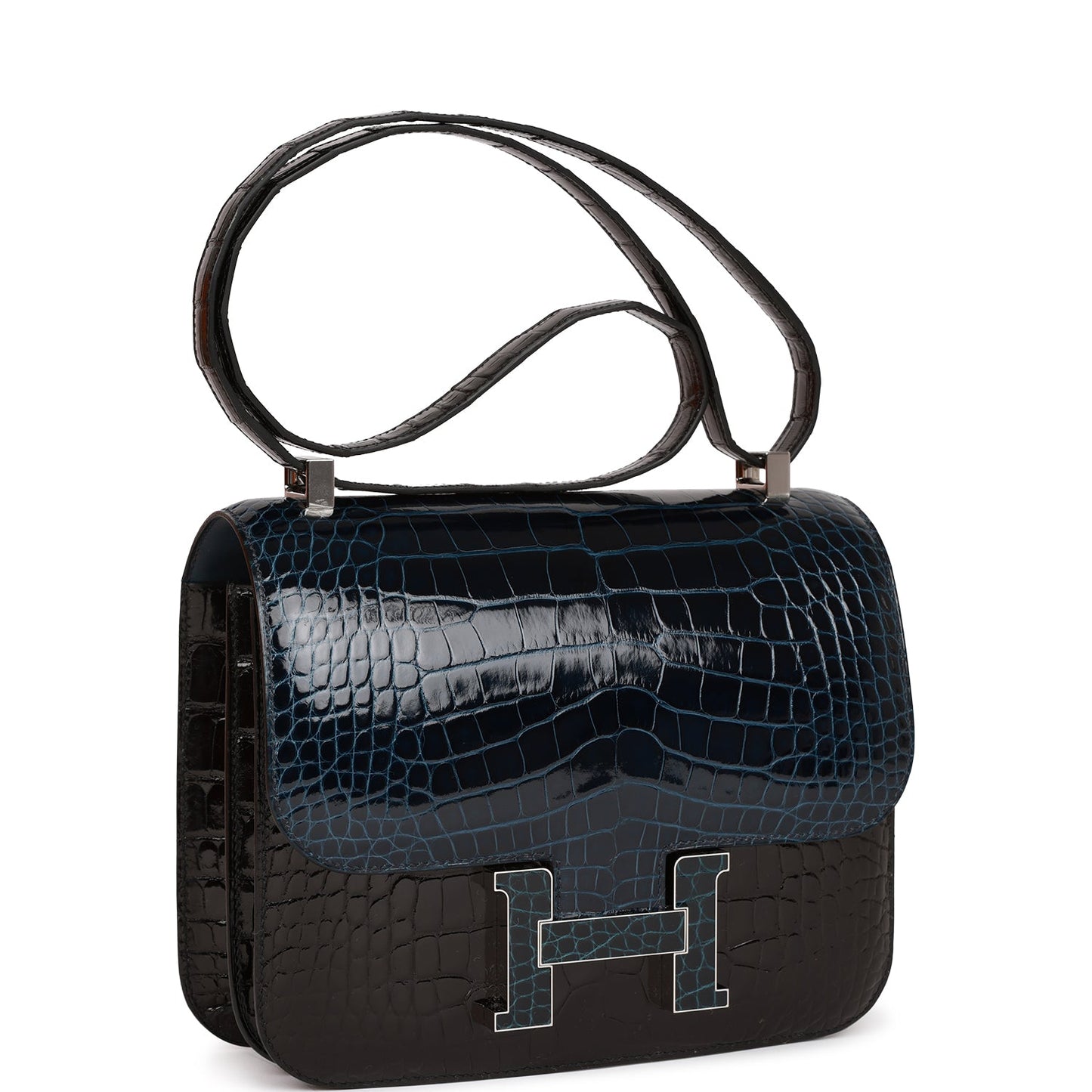 Luxury Hermes Constance 24 Tri-Color Black, Bleu Baltique and Vert Rousseau Shiny Alligator Palladium Hardware