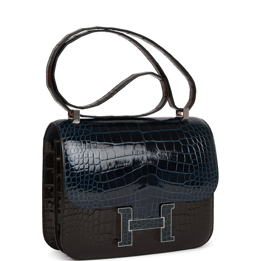 Luxury Hermes Constance 24 Tri-Color Black, Bleu Baltique and Vert Rousseau Shiny Alligator Palladium Hardware