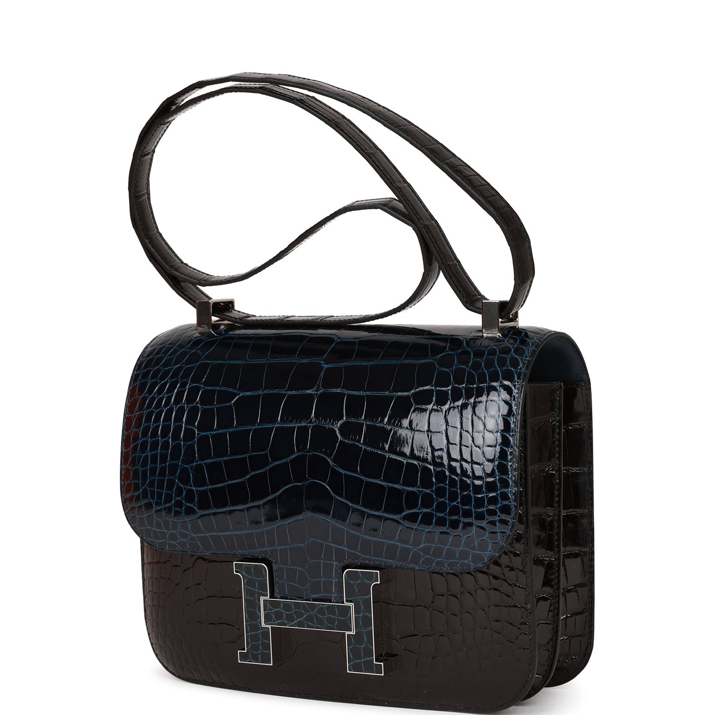 Luxury Hermes Constance 24 Tri-Color Black, Bleu Baltique and Vert Rousseau Shiny Alligator Palladium Hardware