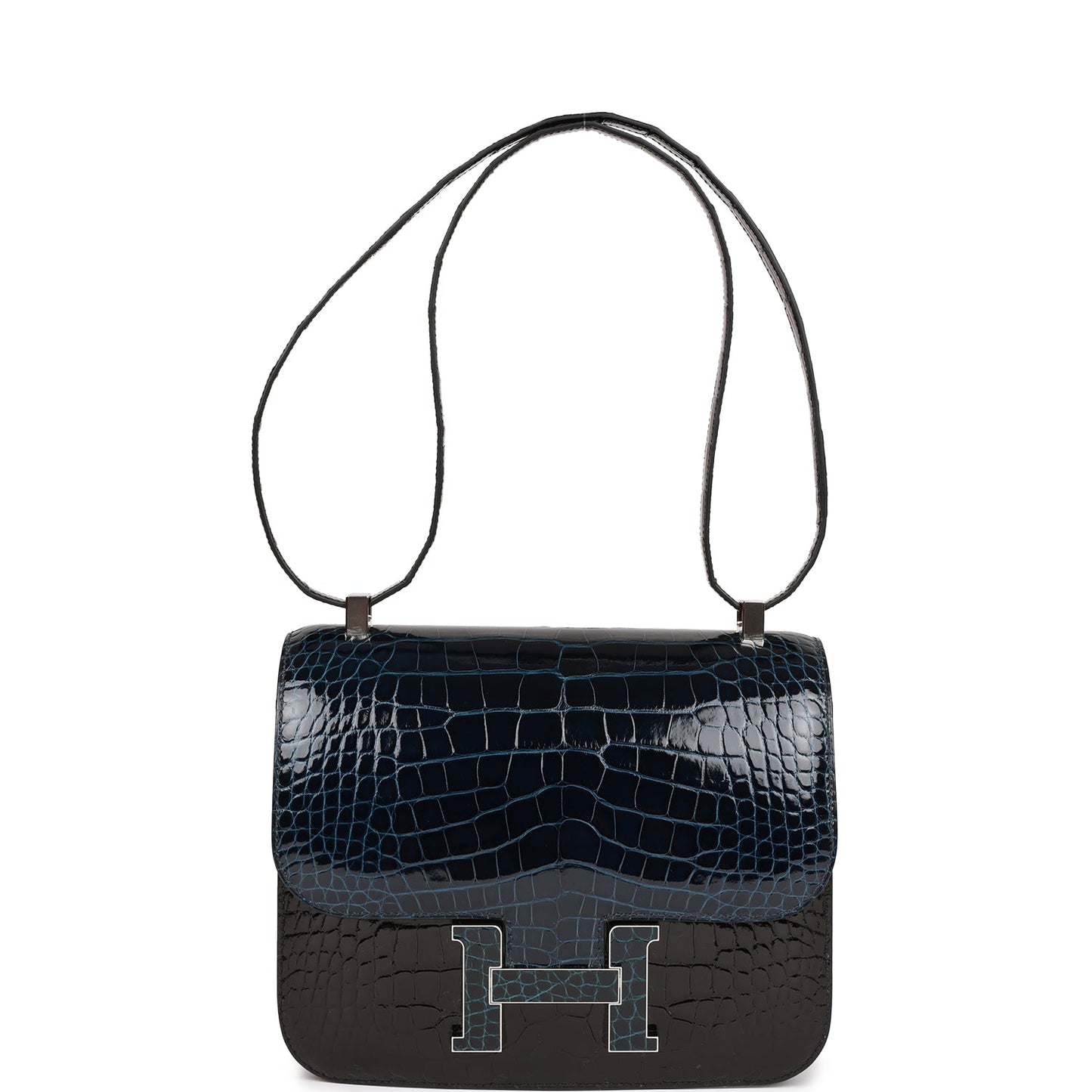 Luxury Hermes Constance 24 Tri-Color Black, Bleu Baltique and Vert Rousseau Shiny Alligator Palladium Hardware