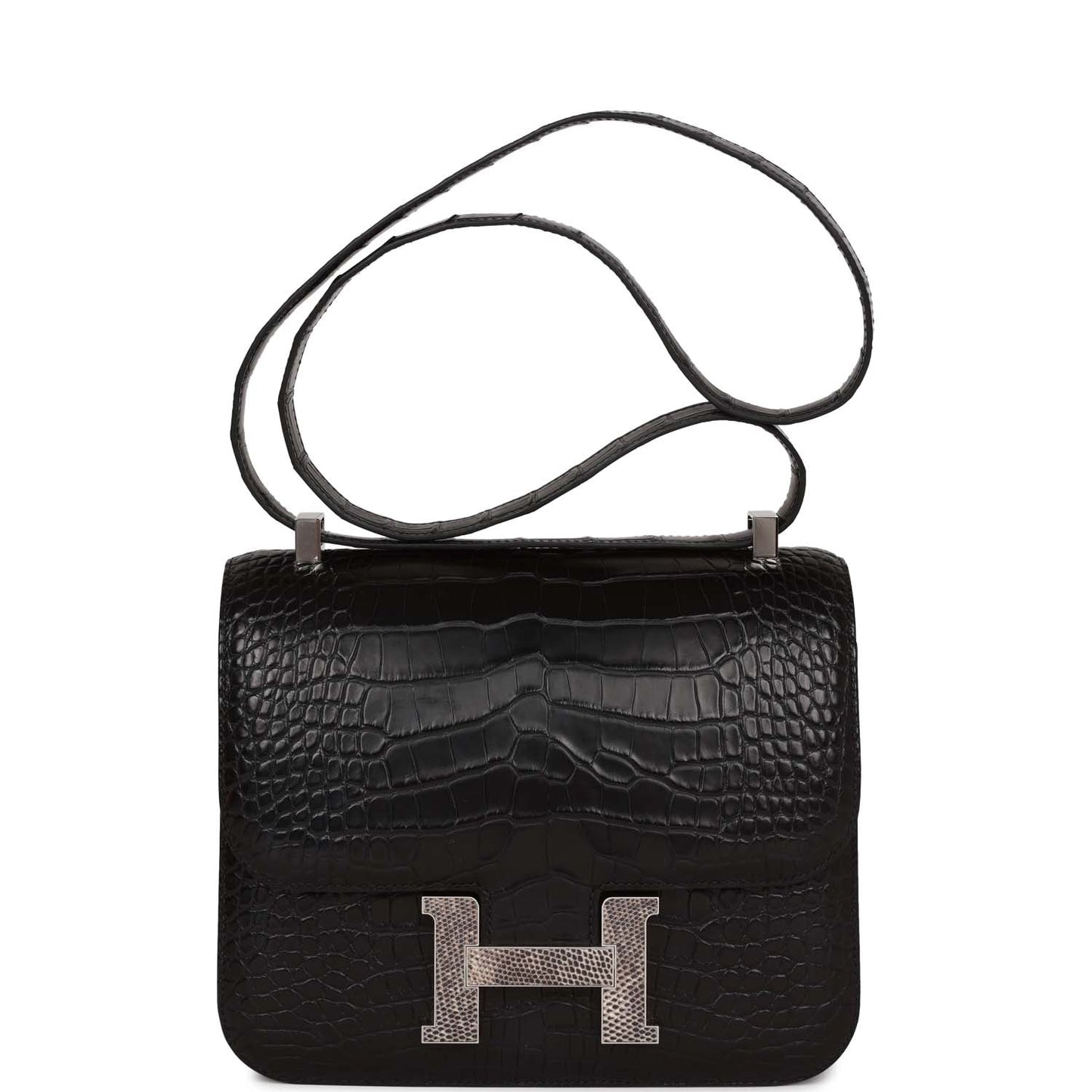 Luxury Hermes Constance 24 Black Matte Alligator and Ombre Lizard Marquette Palladium Hardware