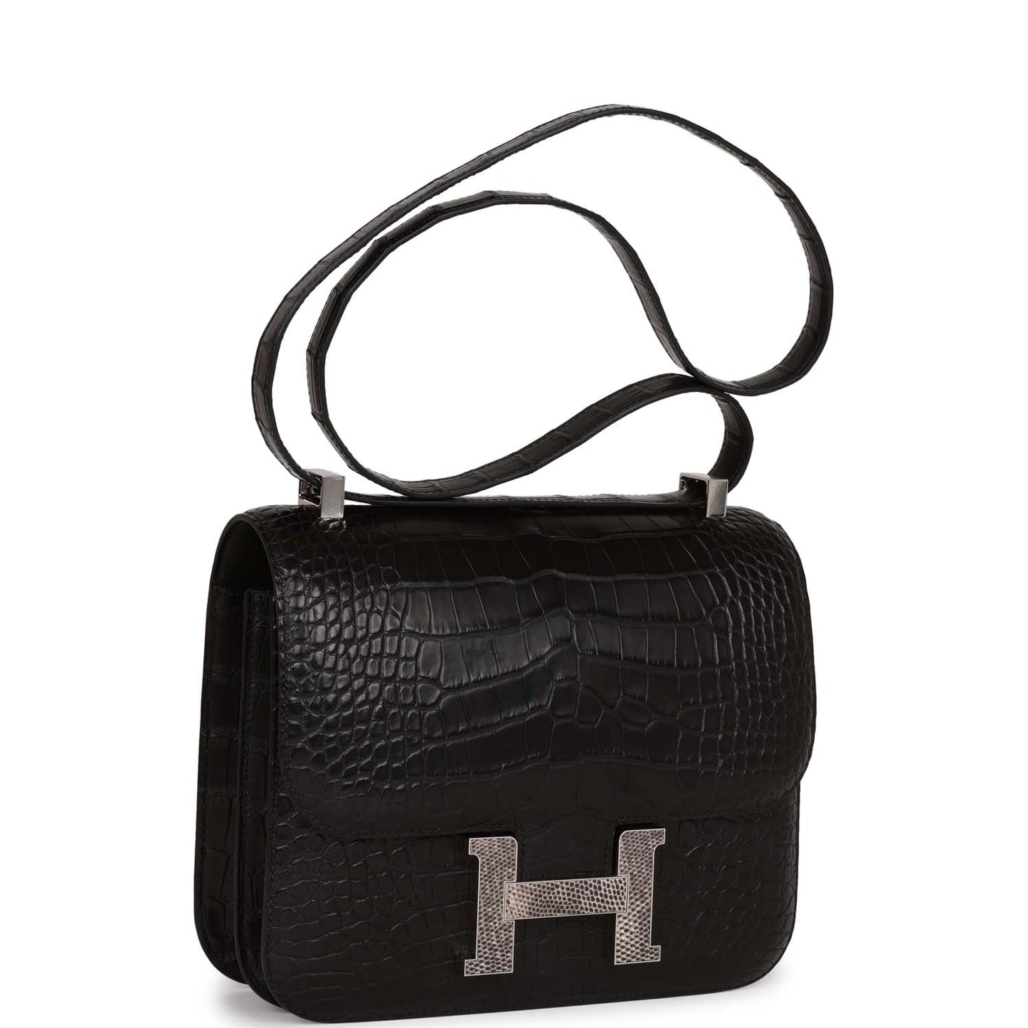 Luxury Hermes Constance 24 Black Matte Alligator and Ombre Lizard Marquette Palladium Hardware