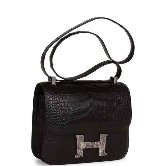 Luxury Hermes Constance 24 Black Matte Alligator and Ombre Lizard Marquette Palladium Hardware