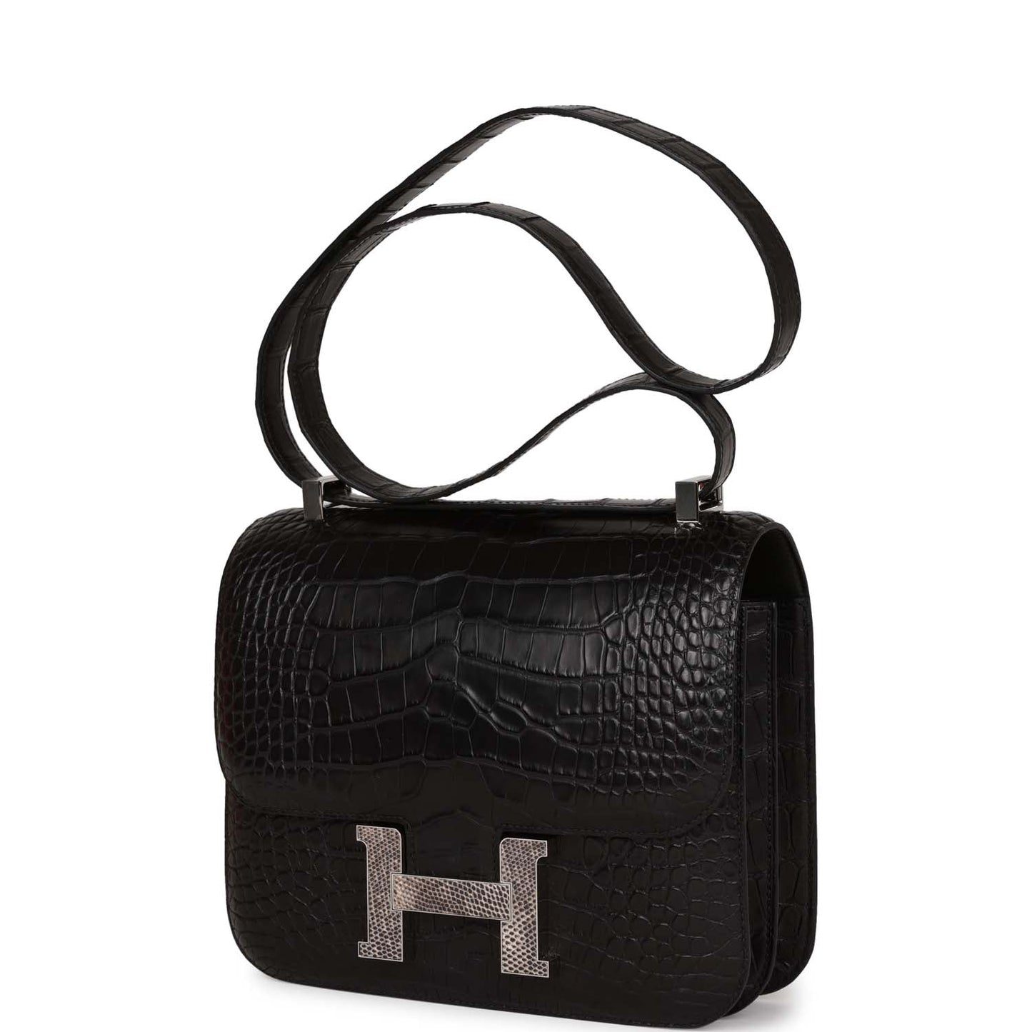 Luxury Hermes Constance 24 Black Matte Alligator and Ombre Lizard Marquette Palladium Hardware