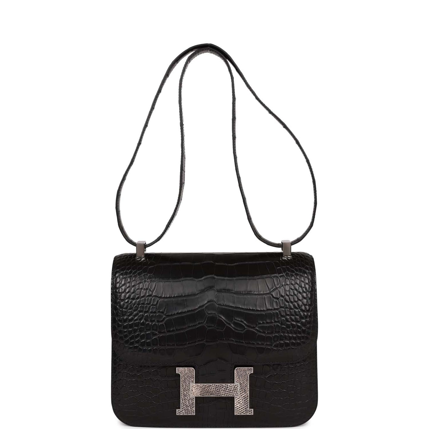 Luxury Hermes Constance 24 Black Matte Alligator and Ombre Lizard Marquette Palladium Hardware