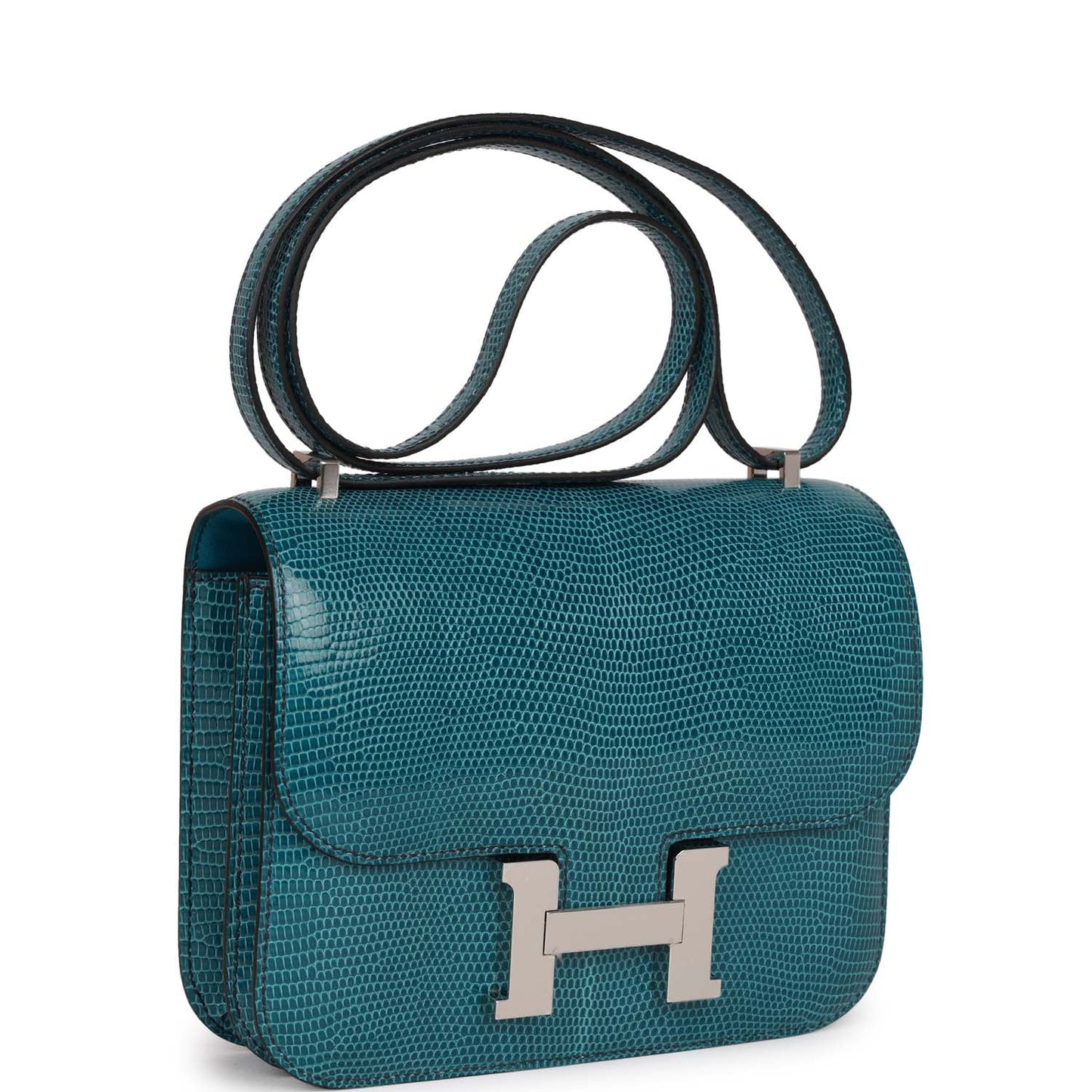 Luxury Hermes Mini Constance 18 Bleu Petrole Lizard Niloticus Palladium Hardware