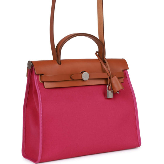 Luxury Hermes Herbag Zip PM 31 Rose Pourpre Toile H Berline Vache Barenia Hunter Palladium Hardware