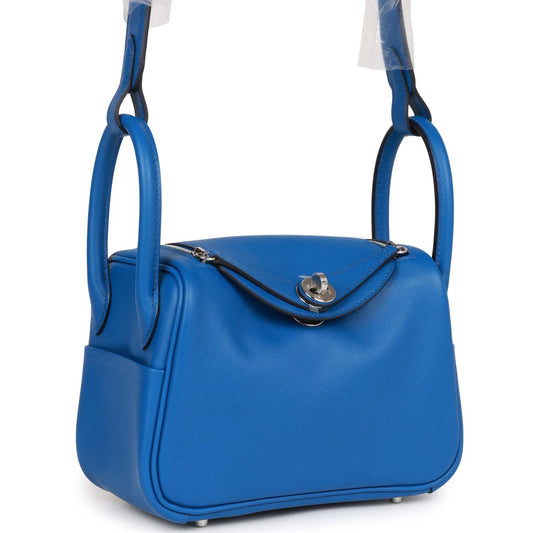 Luxury Hermes Mini Lindy Bleu France Verso Swift Palladium Hardware