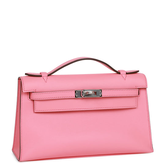 Luxury Hermes Kelly Pochette Rose D'Ete Swift Palladium Hardware