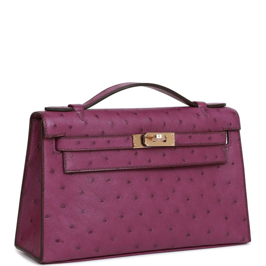 Luxury Hermes Kelly Pochette Anemone Ostrich Permabrass Hardware