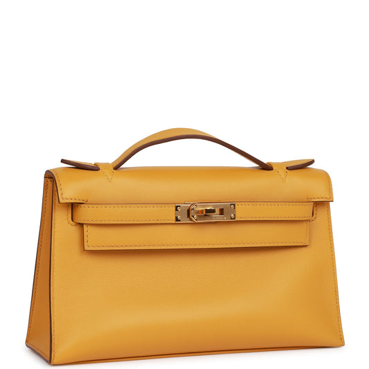 Luxury Hermes Kelly Pochette Jaune Ambre Swift Gold Hardware