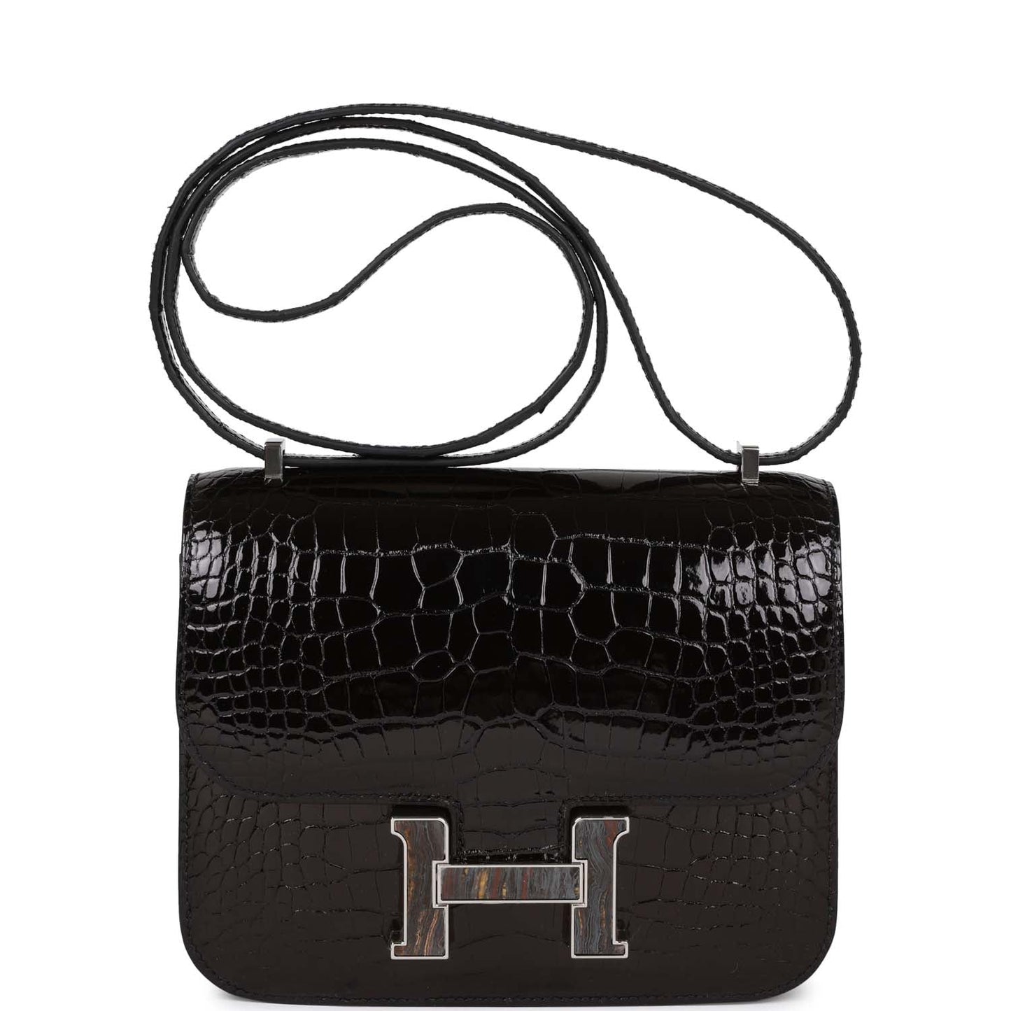 Luxury Hermes Constance 18 Black Shiny Alligator Palladium Tiger's Eye Hardware