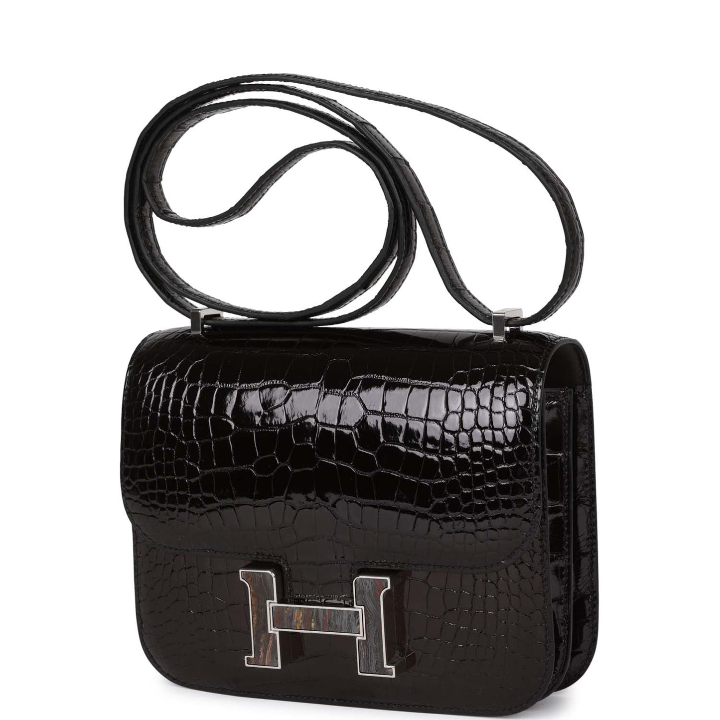 Luxury Hermes Constance 18 Black Shiny Alligator Palladium Tiger's Eye Hardware