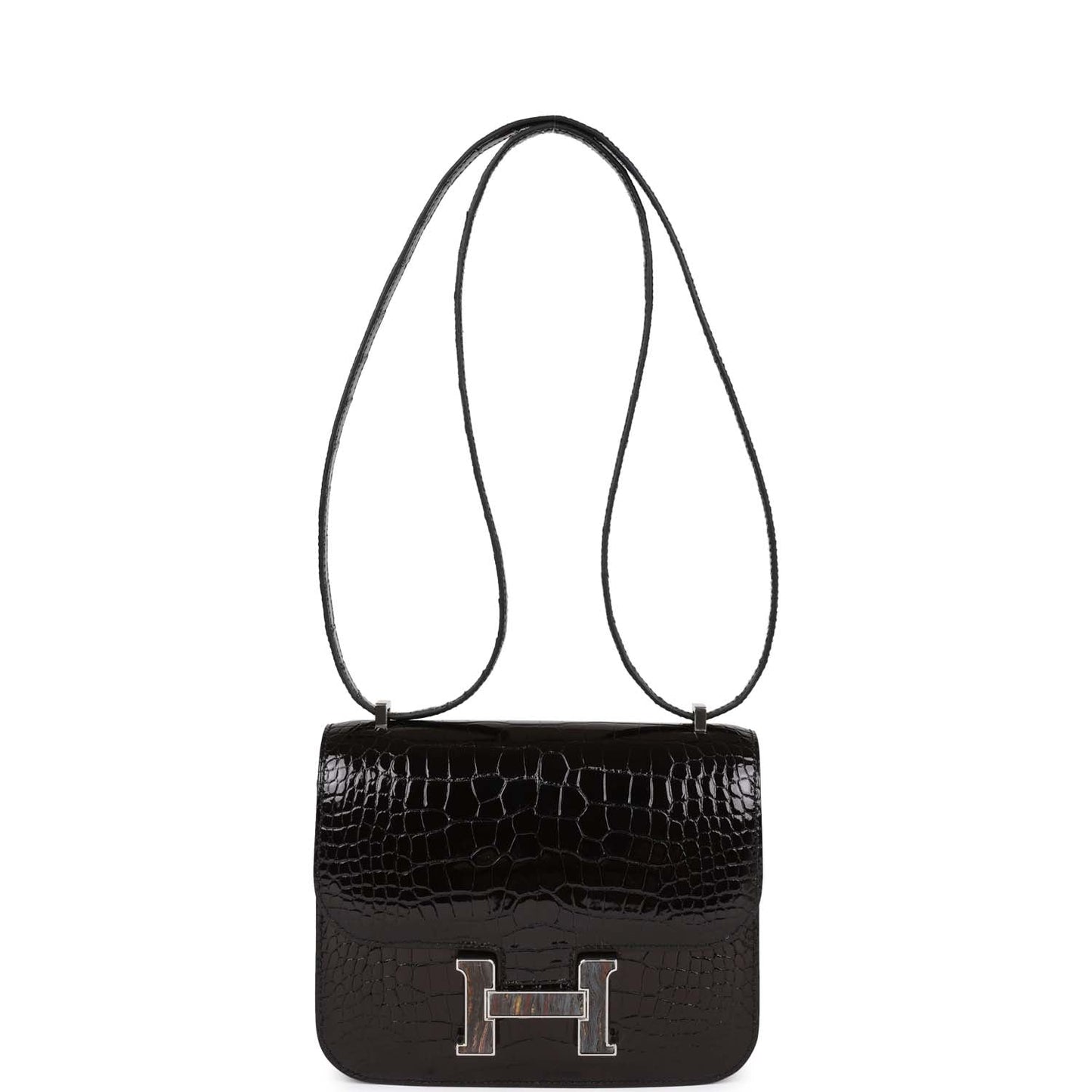 Luxury Hermes Constance 18 Black Shiny Alligator Palladium Tiger's Eye Hardware