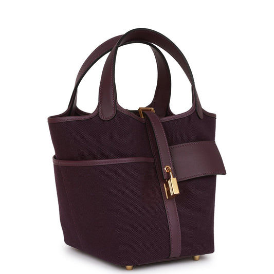 Luxury Hermes Picotin Cargo 18 Cassis Swift and Toile Canvas Gold Hardware