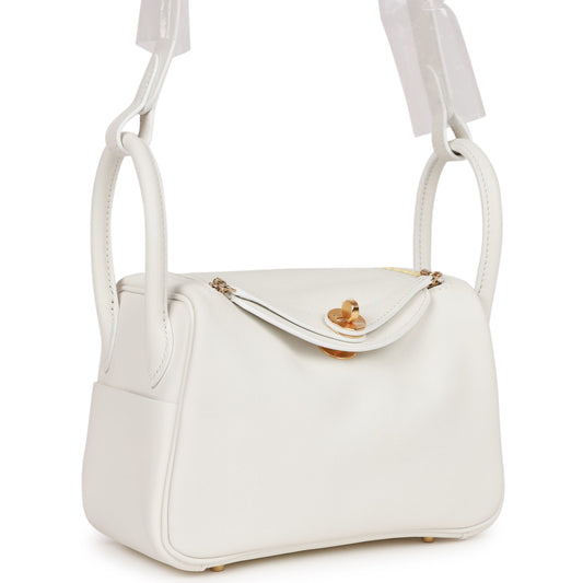 Luxury Hermes Mini Lindy White Swift Gold Hardware