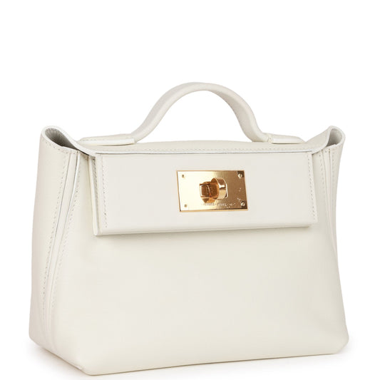 Luxury Hermes Mini 24/24 Bag White Evercolor and Swift Gold Hardware
