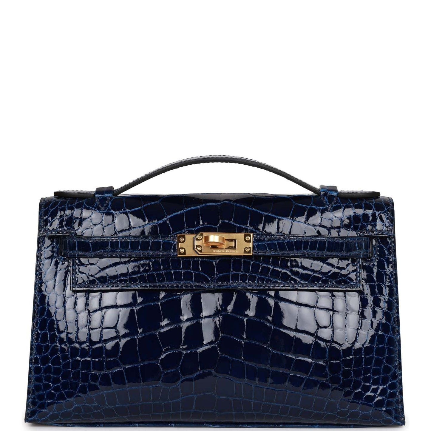 Luxury Hermes Kelly Pochette Bleu Saphir Shiny Alligator Gold Hardware