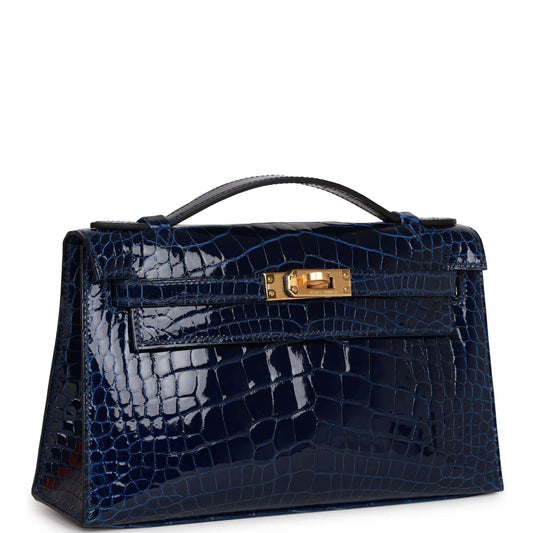Luxury Hermes Kelly Pochette Bleu Saphir Shiny Alligator Gold Hardware