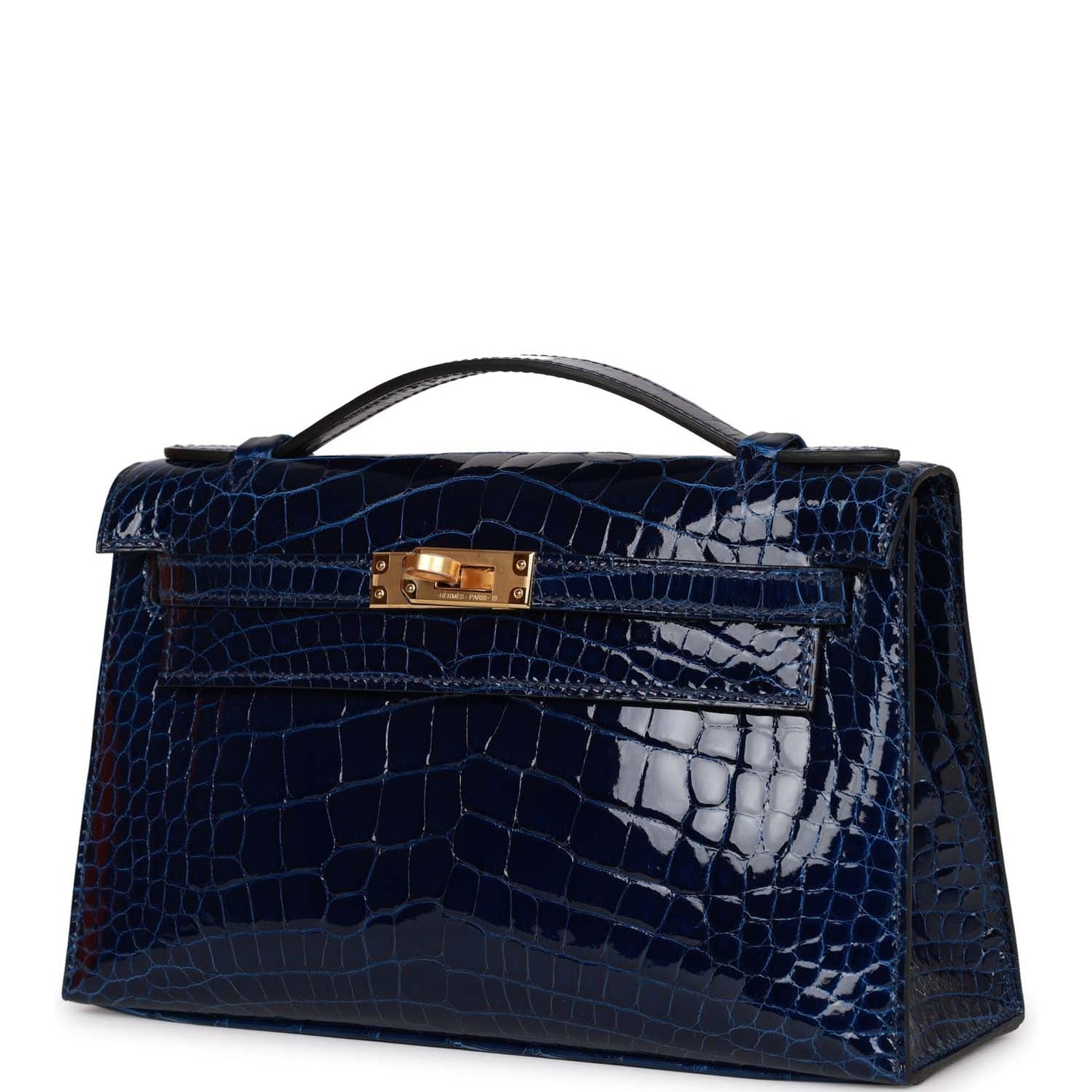 Luxury Hermes Kelly Pochette Bleu Saphir Shiny Alligator Gold Hardware