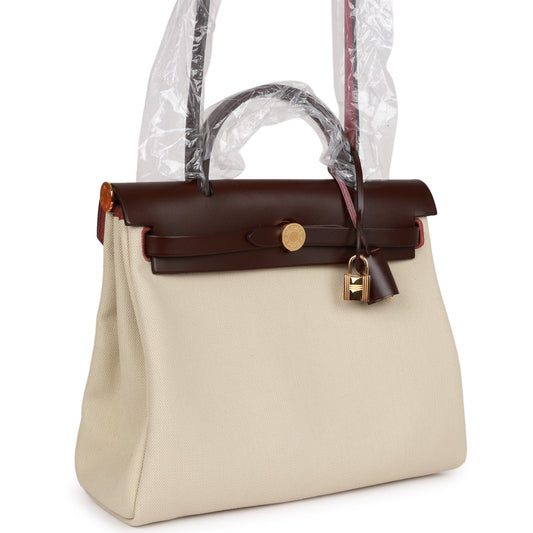 Luxury Hermes Herbag Zip PM 31 Beton Toile H Berline Rouge Sellier Hunter Gold Hardware