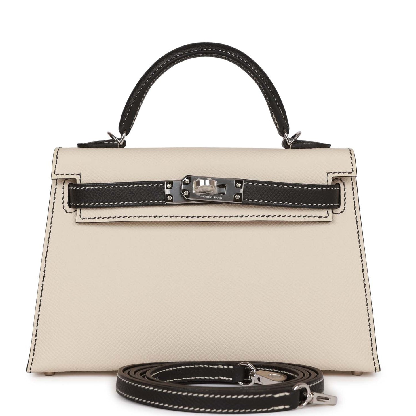 Luxury Hermes Special Order (HSS) Kelly Sellier 20 Craie and Black Epsom Palladium Hardware