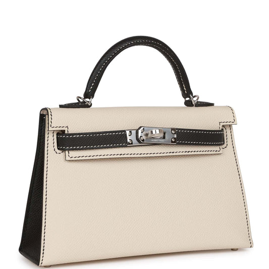Luxury Hermes Special Order (HSS) Kelly Sellier 20 Craie and Black Epsom Palladium Hardware