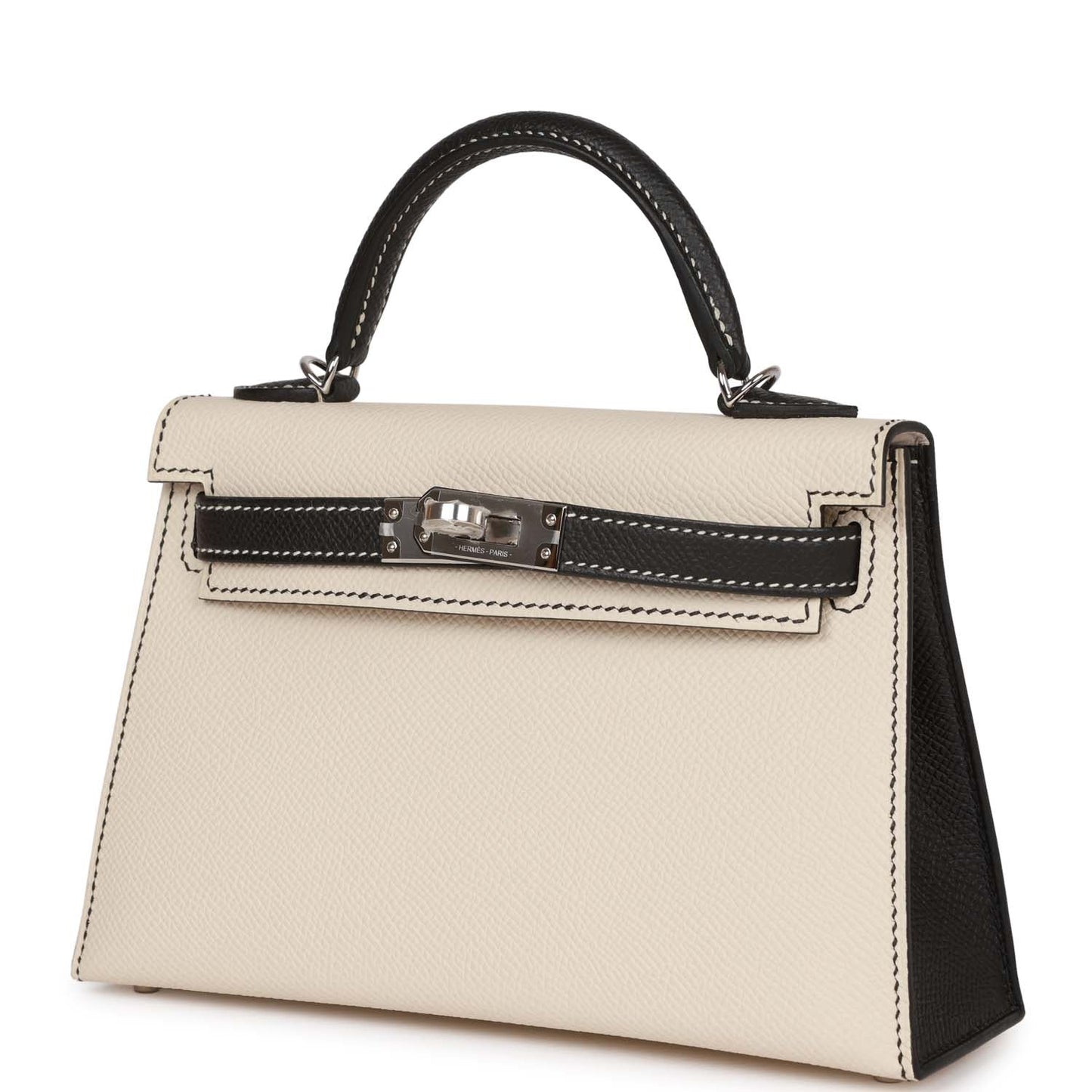 Luxury Hermes Special Order (HSS) Kelly Sellier 20 Craie and Black Epsom Palladium Hardware