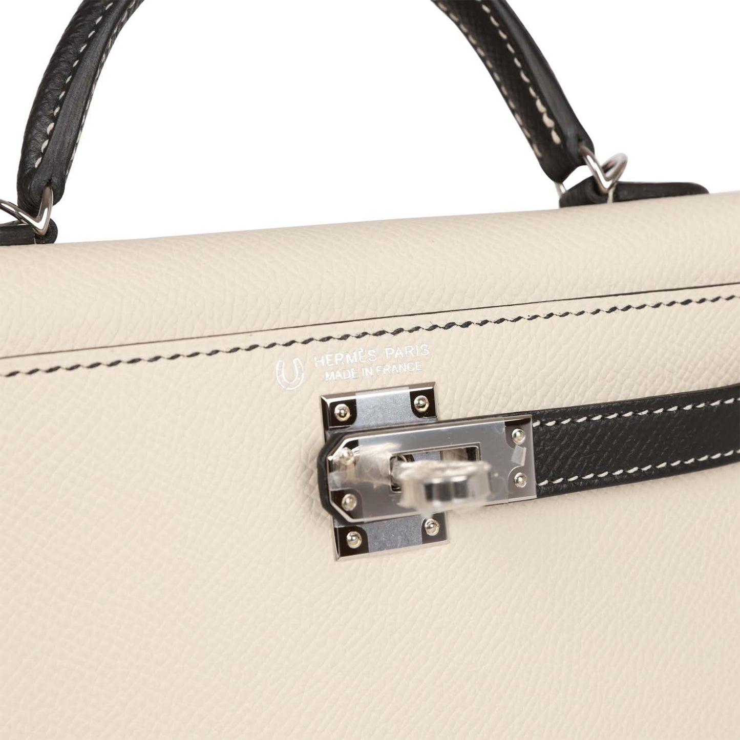 Luxury Hermes Special Order (HSS) Kelly Sellier 20 Craie and Black Epsom Palladium Hardware