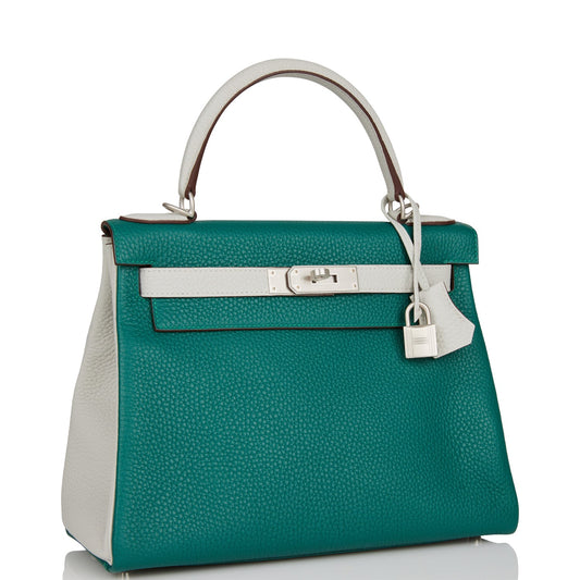 Luxury Hermes Special Order (HSS) Kelly Retourne 28 Malachite and Gris Perle Clemence Brushed Palladium Hardware