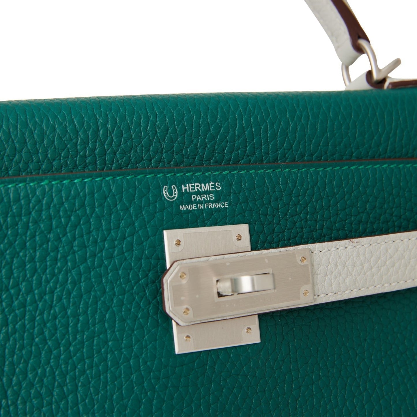 Luxury Hermes Special Order (HSS) Kelly Retourne 28 Malachite and Gris Perle Clemence Brushed Palladium Hardware