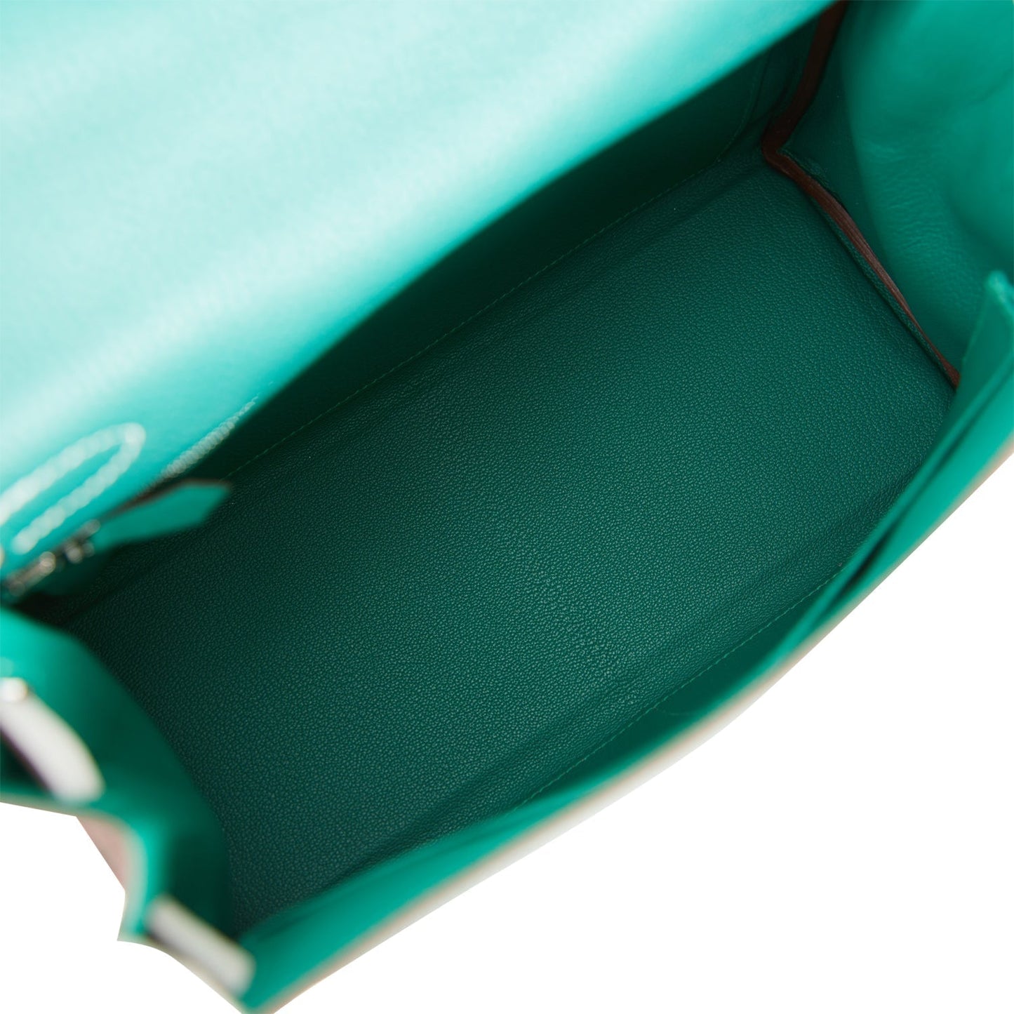 Luxury Hermes Special Order (HSS) Kelly Retourne 28 Malachite and Gris Perle Clemence Brushed Palladium Hardware