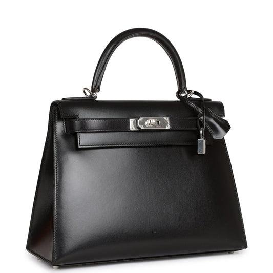 Luxury Hermes Kelly Sellier 28 Black Box Palladium Hardware