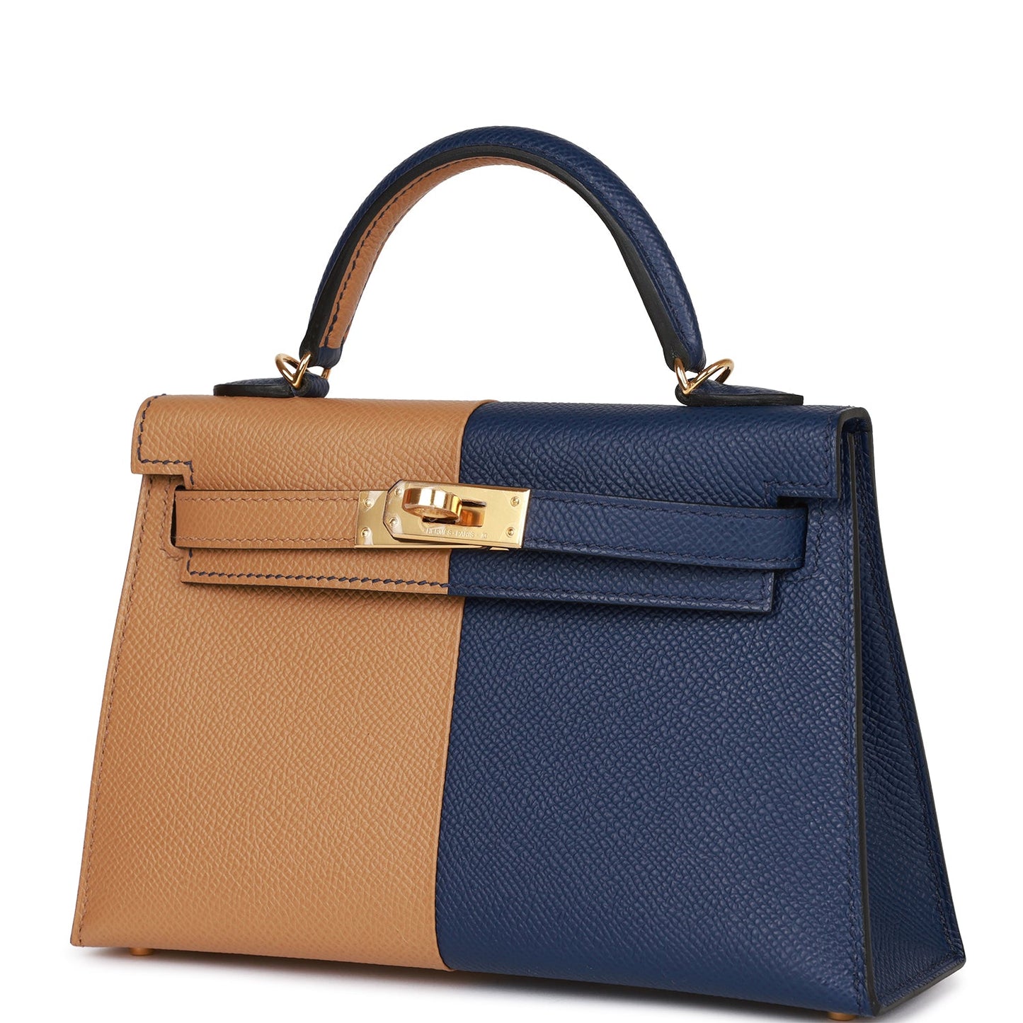 Luxury Hermes Special Order (HSS) Kelly Sellier 20 Casaque Sesame and Bleu Saphir Epsom Gold Hardware