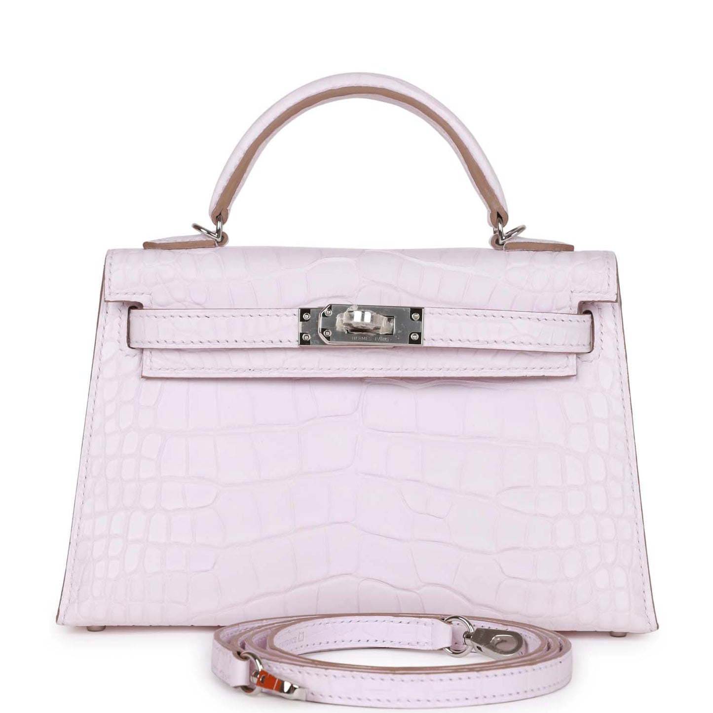 Luxury Hermes Kelly Sellier 20 Mauve Pale Satin Boreal Alligator Palladium Hardware