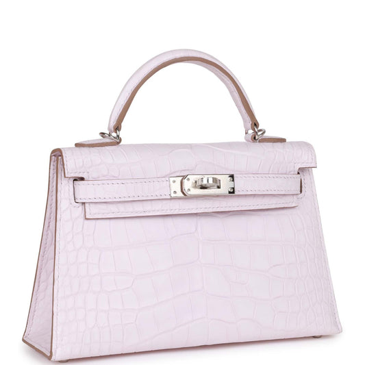 Luxury Hermes Kelly Sellier 20 Mauve Pale Satin Boreal Alligator Palladium Hardware