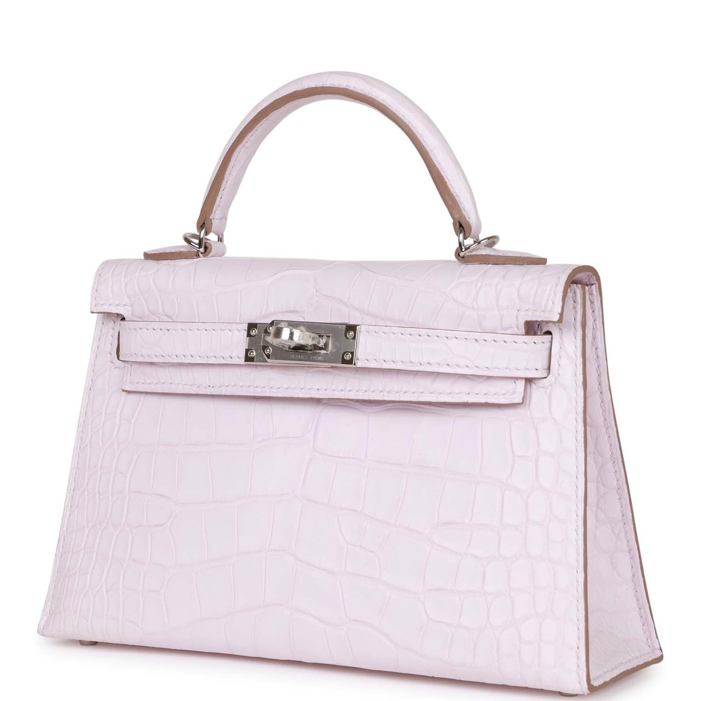 Luxury Hermes Kelly Sellier 20 Mauve Pale Satin Boreal Alligator Palladium Hardware