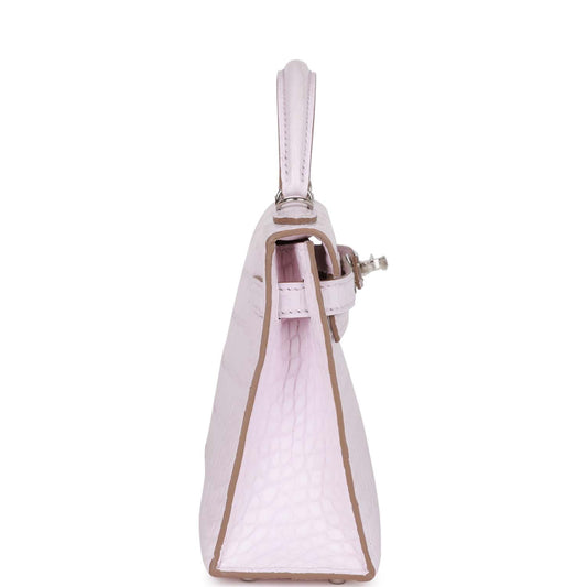 Luxury Hermes Kelly Sellier 20 Mauve Pale Satin Boreal Alligator Palladium Hardware