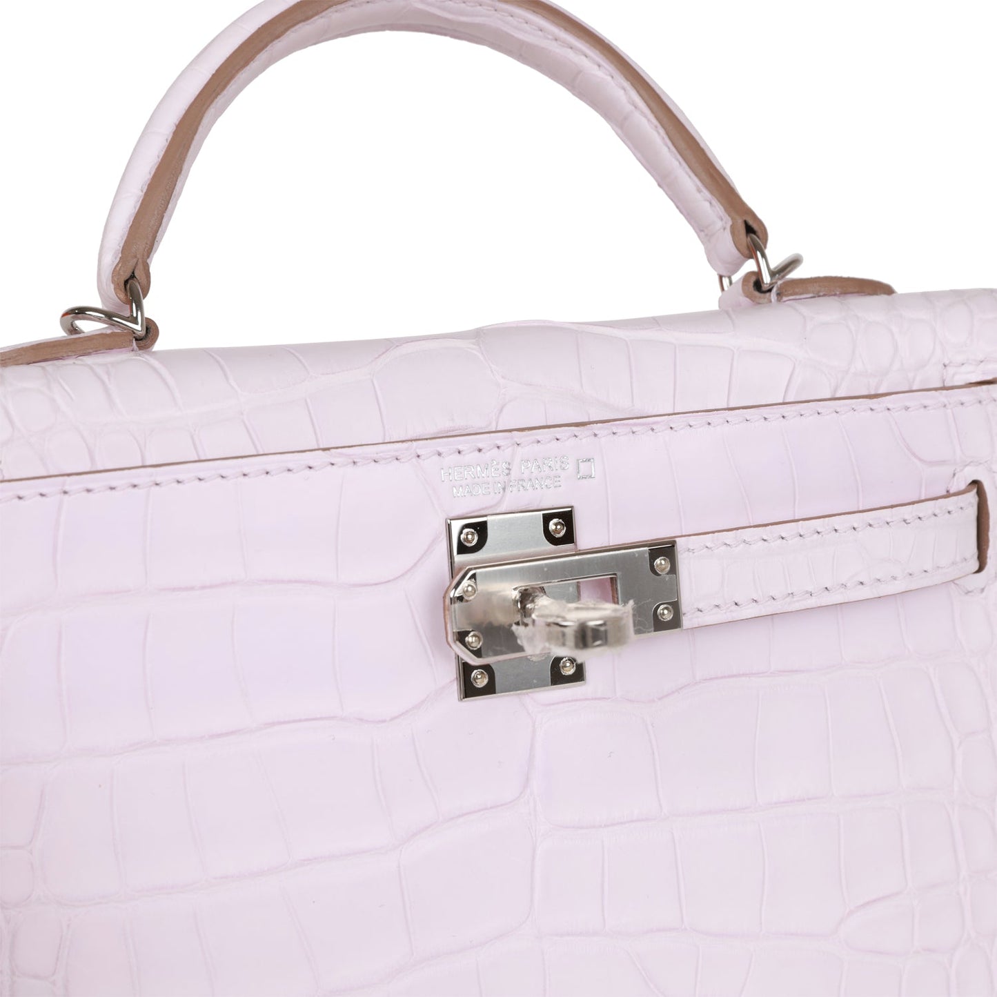 Luxury Hermes Kelly Sellier 20 Mauve Pale Satin Boreal Alligator Palladium Hardware