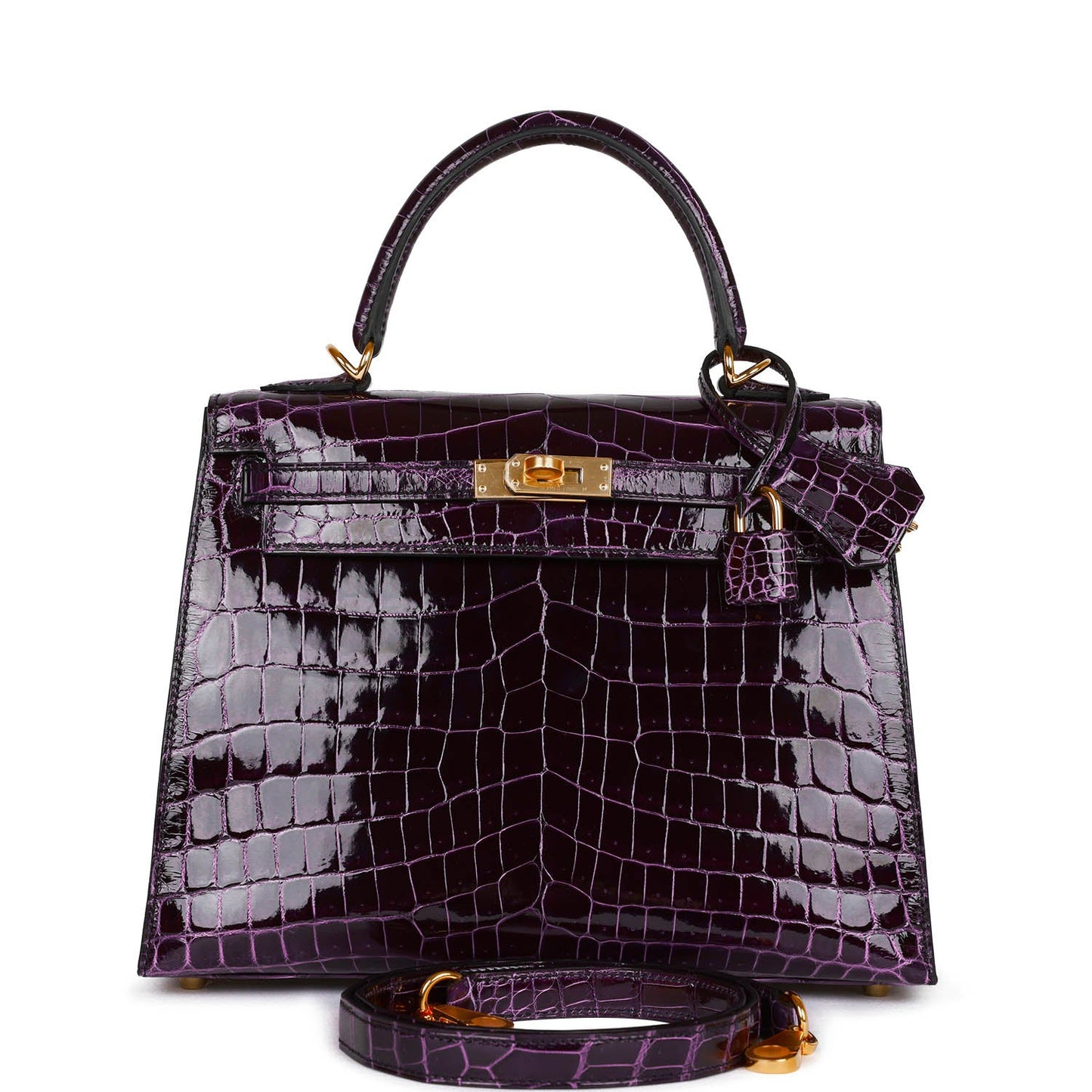 Luxury Hermes Kelly Sellier 25 Aubergine Shiny Niloticus Crocodile Gold Hardware