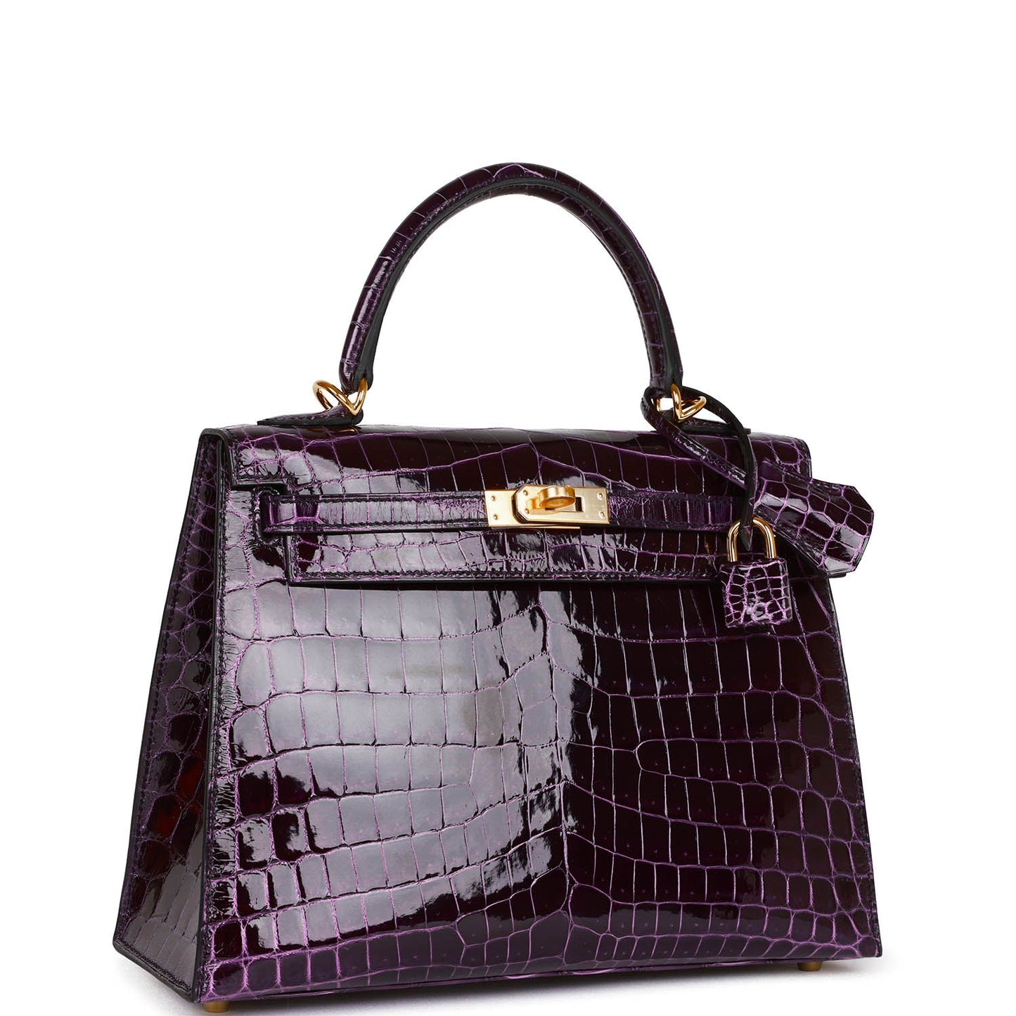 Luxury Hermes Kelly Sellier 25 Aubergine Shiny Niloticus Crocodile Gold Hardware