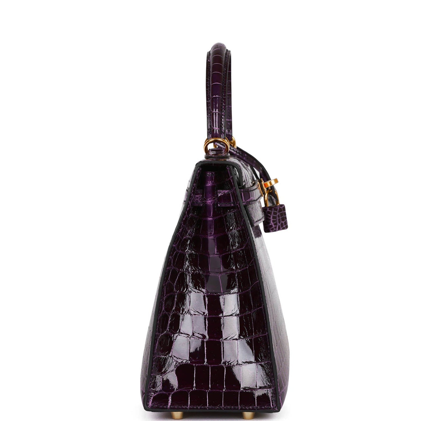 Luxury Hermes Kelly Sellier 25 Aubergine Shiny Niloticus Crocodile Gold Hardware